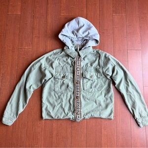 Free People Distressed Olive‎ Green Hooded Jacket with Patterned Trim